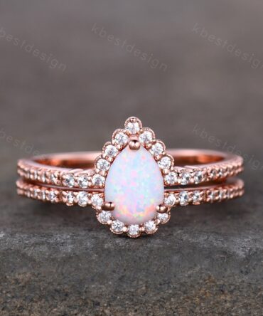 Pear shaped Opal engagement ring set rose gold white opal engagement ring unique curved CZ diamond stacking matching band Bridal promise set