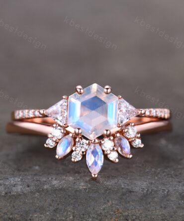 Hexagon cut natural moonstone ring unique rose gold marquise cut moonstone wedding ring for women vintage wedding ring set promise ring