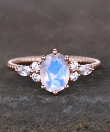 Vintage Oval Moonstone engagement ring rose gold Diamond prong set wedding ring unique twisted Bridal ring Promise Anniversary ring