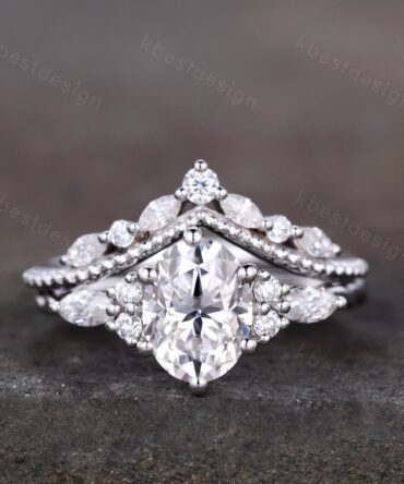 Oval Moissanite engagement ring vintage unique Cluster white gold engagement ring women Marquise stacking matching band Bridal Promise Ring