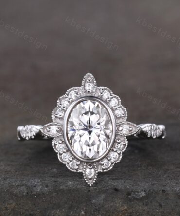1.5CT Oval Moissanite engagement ring vintage unique halo white gold engagement women art deco wedding Bridal Ring Promise Anniversary ring