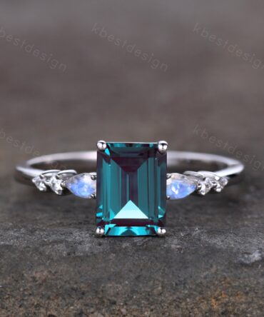 Emerald cut Alexandrite ring sterling silver ring for women vintage unique Alexandrite engagement ring pear moonstone wedding Promise ring