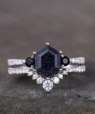 Hexagon Blue Sandstone Engagement Ring Set Sterling Silver Vintage Black Diamond Promise Ring Unique Curved Stacking Band Bridal Ring Set