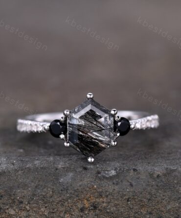 Unique Black Rutile Quartz Engagement Ring,Black Rutilated Quartz Promise Ring,Black Diamond Three Stone Ring,Promise Gift for Her