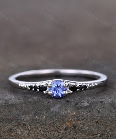 Dainty Tanzanite Wedding Ring Sterling Silver Black Diamond Women Wedding Band Delicate Ring Stackable Band Anniversary Gift for Her