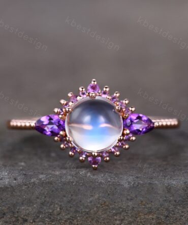 Vintage Moonstone engagement ring unique rose gold engagement ring for women Pear shaped amethyst ring Bridal Promise ring Anniversary Gift