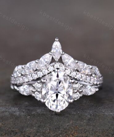 Oval cut moissanite engagement ring set vintage white gold Cluster engagement ring Marquise Art Deco Moissanite Wedding Ring Set Gift