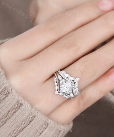 Vintage Moissanite Engagement Ring Set White Gold Oval Shaped Cluster Moissanite Bridal Set Art Deco Moissanite Wedding Ring Set Women Gift
