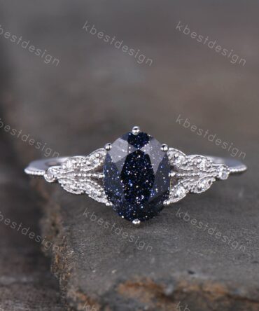Galaxy Sandstone Ring Oval Blue Sandstone Engagement Ring Sterling Silver Ring Unique Art Deco Bridal Wedding Ring Promise Anniversary Ring