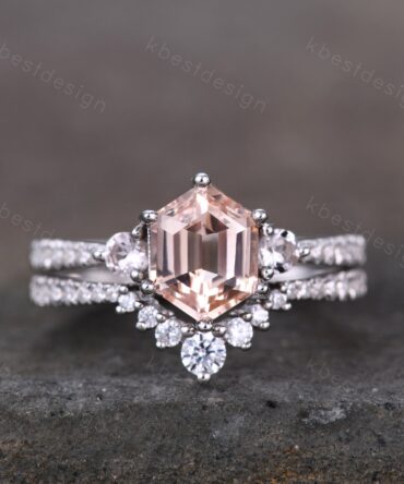 Vintage Morganite Engagement Ring Set Hexagon Cut Morganite Ring Unique Curved Stacking Matching Band Promise Ring Bridal Set Silver Rings