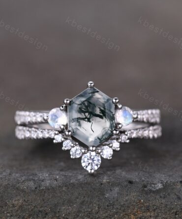 Vintage green moss agate engagement ring set hexagon cut ring unique moonstone wedding ring art deco curved stacking ring bridal wedding set