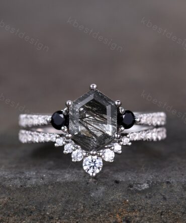 Vintage black rutilated quartz engagement ring sterling silver wedding ring set art deco women stacking ring unique bridal wedding ring set