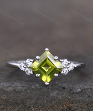 Princess cut Peridot ring sterling silver ring for women art deco cluster diamond wedding ring August birthstone bridal promise ring