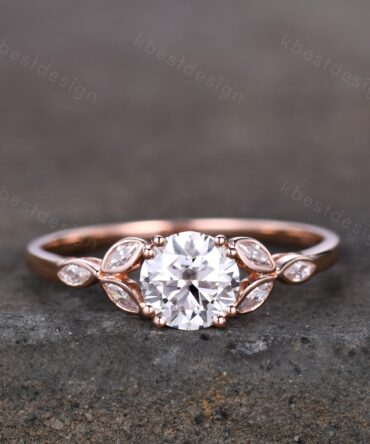 Moissanite engagement ring vintage Unique Marquise cut Moissanite Cluster ring Round cut engagement ring Rose Gold ring Bridal promise ring