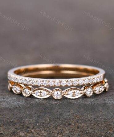 14K Solid Yellow Gold Rings/Moissanite Wedding Ring Set/Art Deco Half Eternity Stacking Matching Bands/Wedding Band for Women/Anniversary