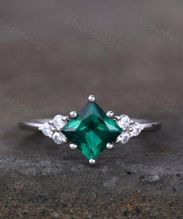 Emerald Ring, May Birthstone Ring, Princess cut Emerald Engagement Ring, White Gold Emerald Ring, Unique Cluster Ring, Promise Ring