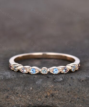 Alexandrite and Blue Topaz Ring, Alexandrite Wedding Band, June Birthstone Ring, Art Deco Stackable Ring, Anniversary Ring, Gift For Her