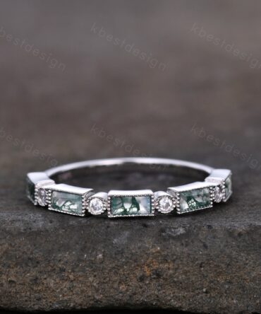 Moss Agate Wedding Band Half Eternity Baguette Moss Agate Band Art Deco Stacking Wedding Ring Anniversary Ring Sterling Silver Rose Gold