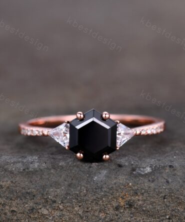Hexagon cut black onyx ring Rose gold art deco triangle cut moissanite ring Black Onyx engagement ring vintage bridal promise ring