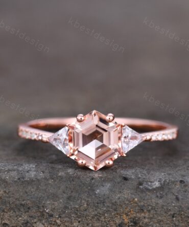 Vintage Hexagon cut rings, Rose gold rings for women, Three stone Morganite engagement ring, Art deco moissanite bridal ring, Promise ring