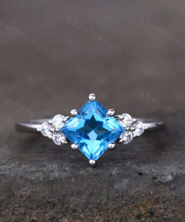 Princess cut blue topaz ring Unique Swiss blue topaz engagement ring Sterling silver vintage cluster engagement ring December Birthstone