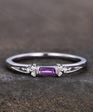 Baguette Amethyst Ring, Purple Amethyst Wedding Ring, Sterling Silver Wedding Band, Dainty Ring, February Birthstone Ring, Anniversary Gift
