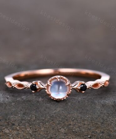 Dainty Rainbow Moonstone Engagement Ring Rose Gold Black Spinel Wedding Ring Art Deco Unique Bridal ring Promise Anniversary ring