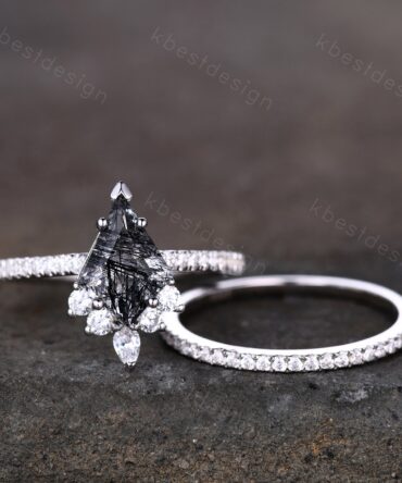 Kite cut black rutilated quartz engagement ring set moissanite bridal ring set dainty half eternity stacking matching band promise gift ring