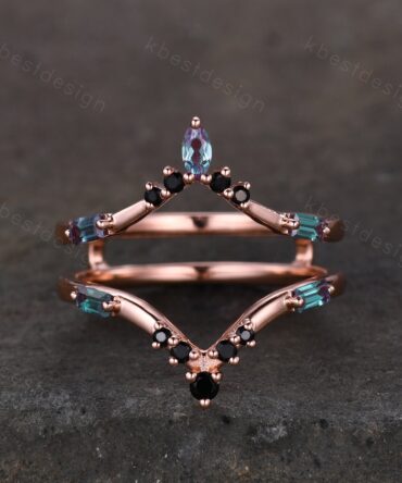 Alexandrite curved wedding band Rose gold baguette Alexandrite double curved band Unique stacking matching band Bridal wedding gift