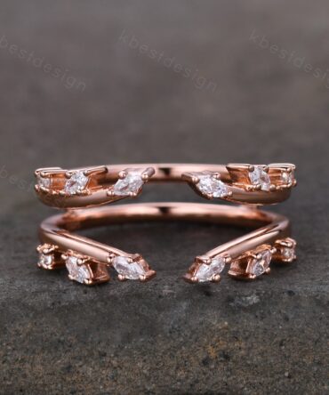Double curved wedding Band rose gold wedding band vintage marquise cut Moissanite stacking matching band Bridal wedding ring Promise gift