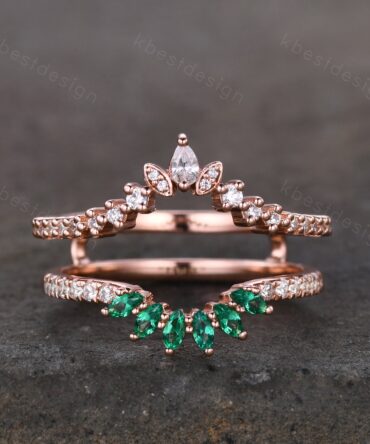 Double curved Moissanite/Emerald wedding band vintage Rose gold marquise emerald cluster band Half eternity stacking band Promise gift