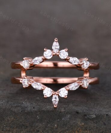 Double curved wedding band Vintage marquise cut Moissanite cluster band Rose gold rings Unique stacking matching bridal ring Promise gift