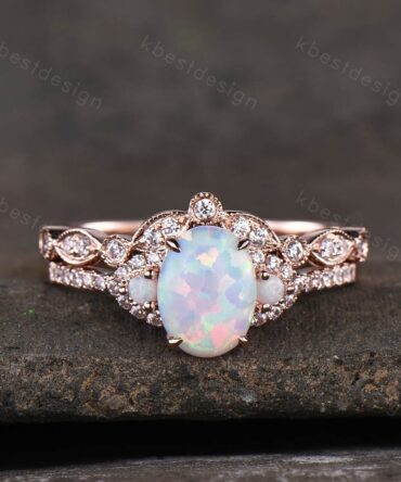 White Opal Engagement Ring Set, Rose Gold Rings for Women, Art Deco Stacking Band, Oval Cut Bridal Set, Unique Curved Wedding Band, Handmade