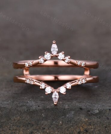 Dainty curved Moissanite wedding band vintage double curved stacking band Rose gold enhancer matching band Unique bridal promise gift
