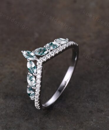Marquise cut moss agate wedding ring band unique curved moissanite wedding band women vintage stacking matching band anniversary ring