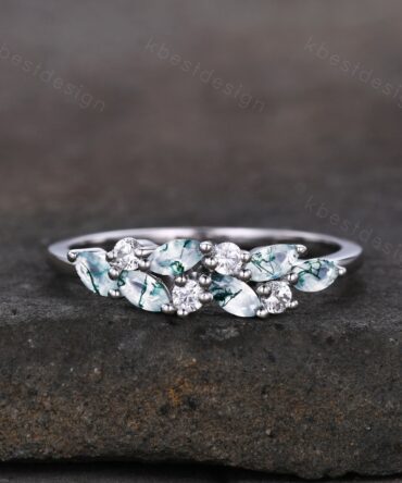 Moss agate cluster wedding band Unique marquise cut moss agate wedding band Vintage Moissanite ring sterling silver ring Anniversary gift
