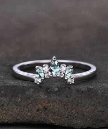 Curved wedding band Marquise cut moss agate White gold ring Moissanite Chevron Band Unique Bridal Wedding Ring Stacking Matching band