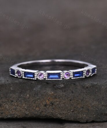 Half Eternity Sapphire Ring Baguette Sapphire and Amethyst Wedding Band Silver Ring Art Deco Vintage Wedding Bridal Anniversary Ring