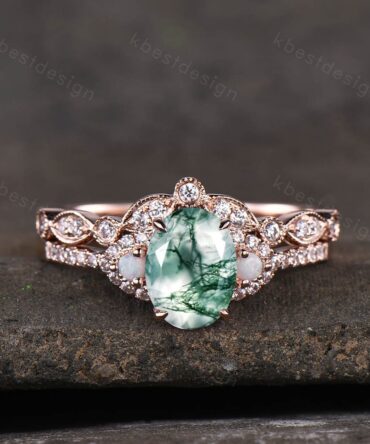 Vintage Moss Agate Engagement Ring Set, Rose Gold Rings for Women, Art Deco Stacking Band, Unique Curved Wedding Band, Handmade Jewelry