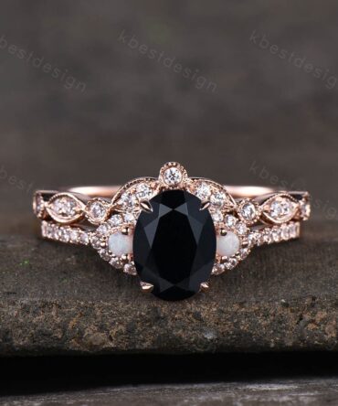 Oval Black Onyx Engagement Ring Set Rose Gold Women Stacking Ring Unique Curved Wedding Band Vintage Bridal Ring Set Promise Ring