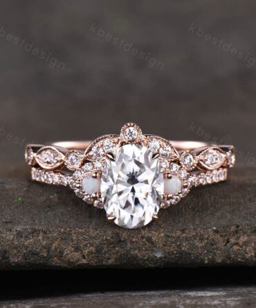 Oval moissanite engagement ring set unique Rose gold engagement ring Art deco curved wedding Bridal ring Promise Anniversary gift