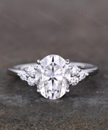 3.00cts Moissanite Oval Engagement Ring, Oval 10x8mm Moissanite Wedding Ring, Unique Cluster Bridal Ring, White Gold Moissanite Ring