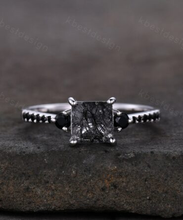 Princess Cut Natural Black Rutilated Quartz Engagement Ring Unique Black Spinel Ring Sterling Silver Ring Three stone ring Promise Ring