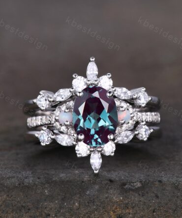 Oval Alexandrite Engagement Ring Set Vintage Unique Double Curved Wedding Band White Gold Ring June Birthstone Ring Bridal Promise Ring
