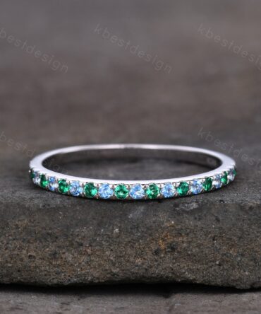 Half Eternity Emerald Blue Topaz Wedding Ring, 925 Sterling Silver Ring, Emerald Pave Wedding Band, Minimalist Ring, Anniversary Gift