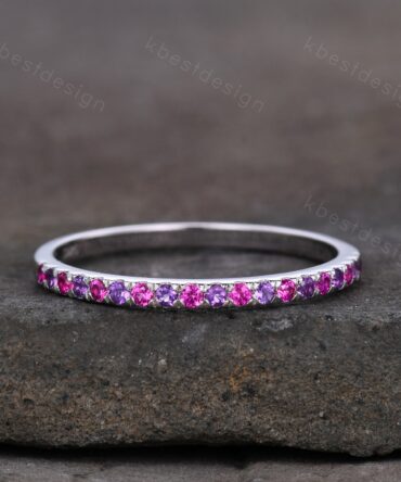 Half Eternity Wedding Band 1.5mm Ruby and Amethyst Wedding Band White Gold Ring July Birthstone Ring Pave Band Minimalist Stacking Band