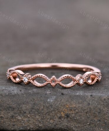 Art Deco Milgrain Wedding Band Rose Gold Ring Unique Stacking Matching Band Marquise Band Vintage Minimalist wedding ring Gift for Her