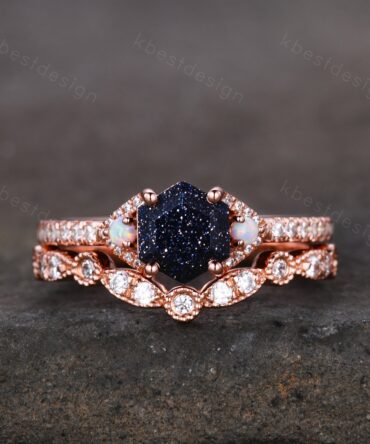 Vintage hexagon cut blue sandstone engagement ring set rose gold rings art deco curved wedding band opal ring Unique bridal set Promise ring