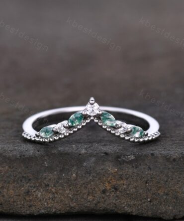 Curved Moss Agate wedding band sterling silver wedding band Unique art deco moissanite stacking band Anniversary ring Women gift
