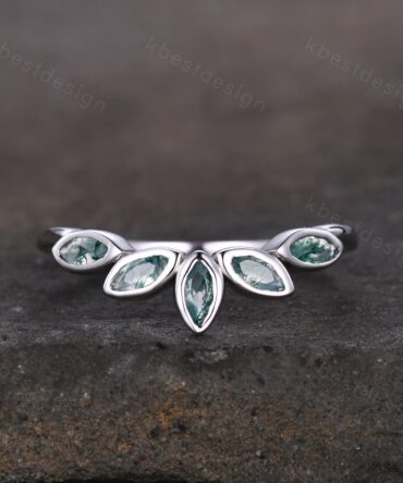 Unique marquise cut Moss Agate wedding band vintage White gold wedding band  bezel set band Unique Bridal Stacking Promise gift for women